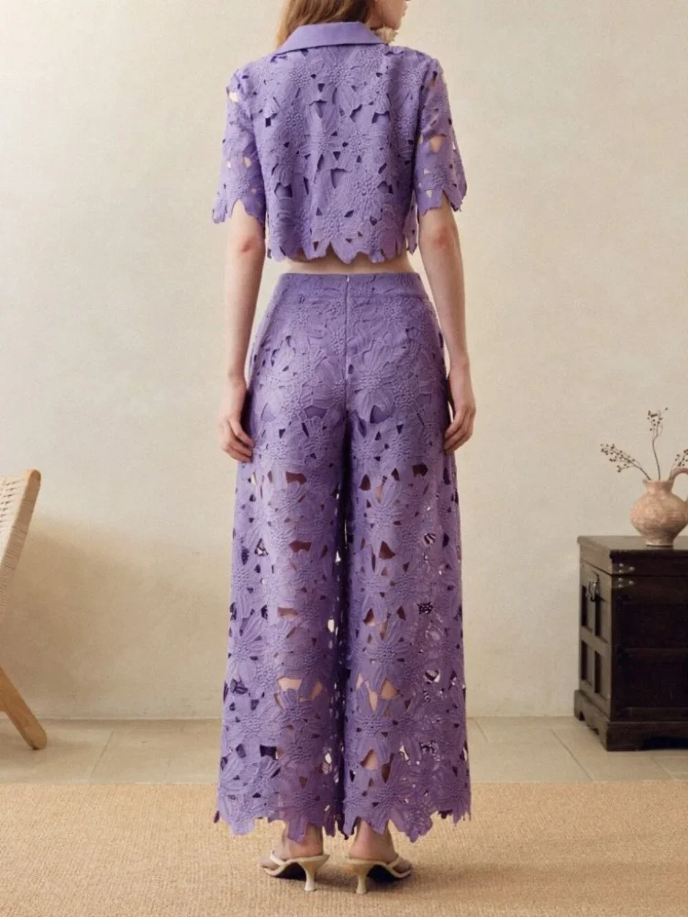 Lilac Floral Lace Crop Top & Wide Leg Pants Set